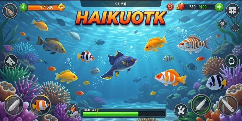 Tampilan gameplay HAIKUOTK yang mendebarkan saat menembak ikan.