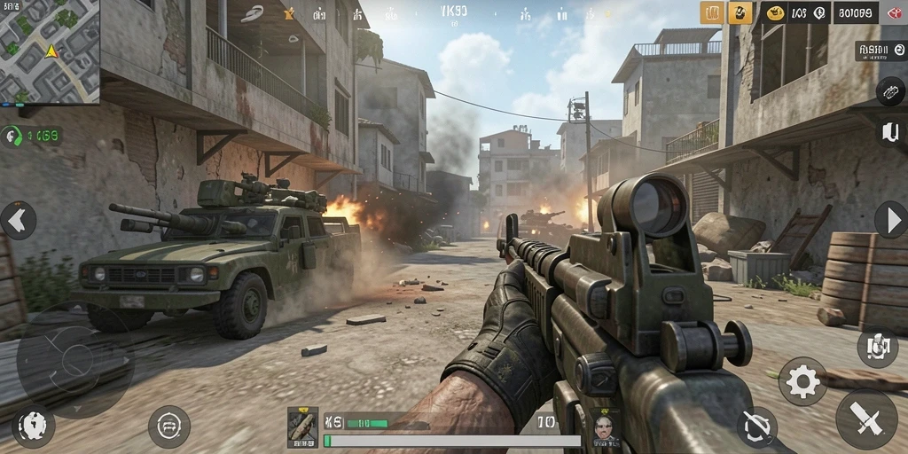 Screenshot gameplay RK55 dengan aksi tempur TPS yang mendebarkan.