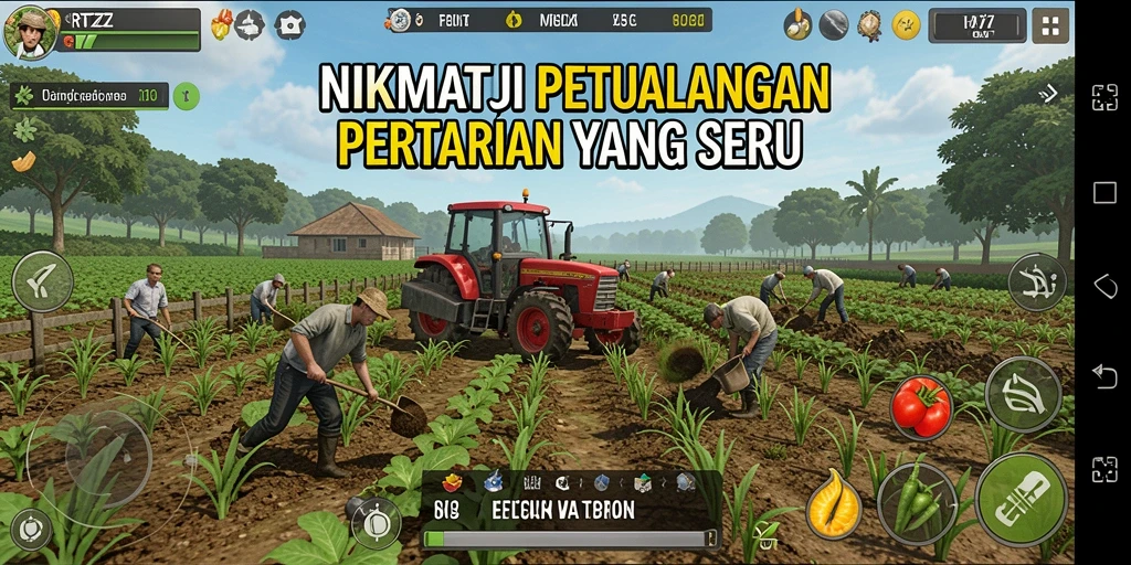 Tampilan gameplay RTZZ yang menampilkan ladang dan aktivitas bertani.