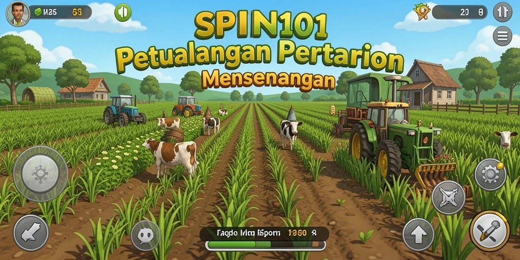 Gameplay SPIN101 yang menampilkan kebun hijau subur dan hewan ternak.
